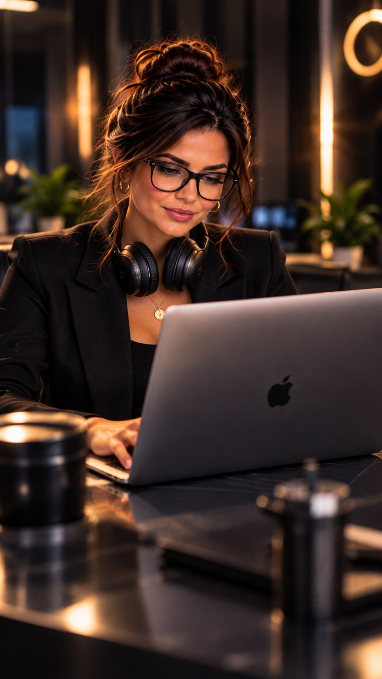 Gabi concentrada no trabalho ao computador